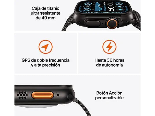 Apple Watch Ultra 2 (2024), GPS + Cellular, 49 mm, Caja de Titanio Natural, Gesto doble toque, Correa Ocean Band de color Azul marino