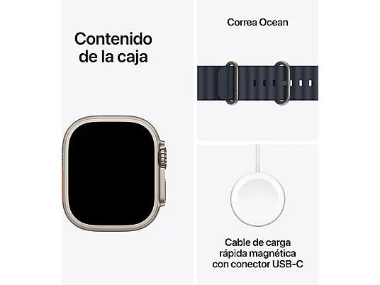 Apple Watch Ultra 2 (2024), GPS + Cellular, 49 mm, Caja de Titanio Natural, Gesto doble toque, Correa Ocean Band de color Azul marino