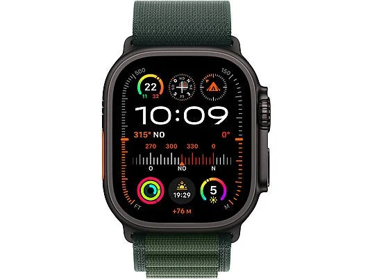 Apple Watch Ultra 2 (2024), GPS + Cellular, 49 mm, Caja de Titanio Negro, Gesto doble toque, Correa Alpine Loop de color Verde oscuro, Talla L