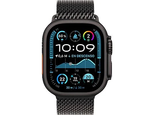 Apple Watch Ultra 2 (2024), GPS + Cellular, 49 mm, Caja de Titanio Negro, Gesto doble toque, Correa Titanium Milanese Loop Negra, Talla L