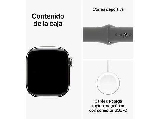 Apple Watch Series 10 (2024), GPS + Cellular, 42 mm, Gesto de doble toque, Caja de titanio Natural, Correa deportiva Gris piedra, Talla M/L