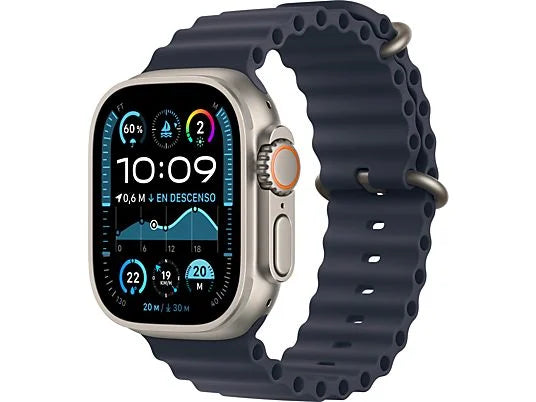 Apple Watch Ultra 2 (2024), GPS + Cellular, 49 mm, Caja de Titanio Natural, Gesto doble toque, Correa Ocean Band de color Azul marino