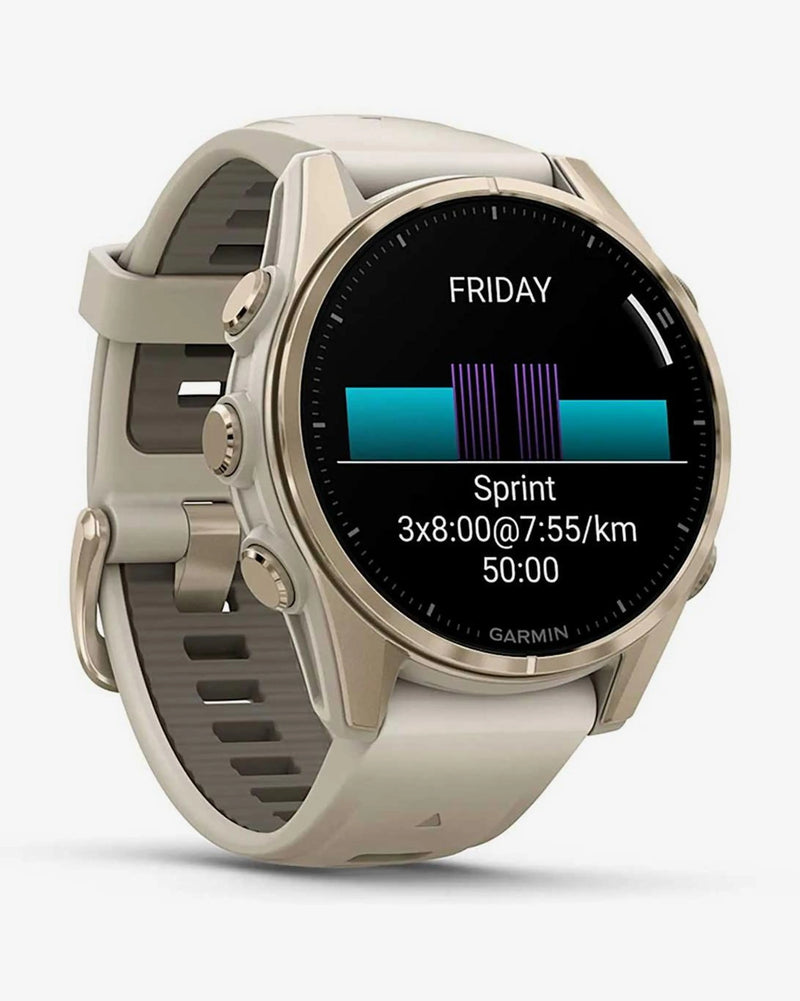 Garmin Fenix 8 AMOLED Zafiro 43 mm dorado correa beige