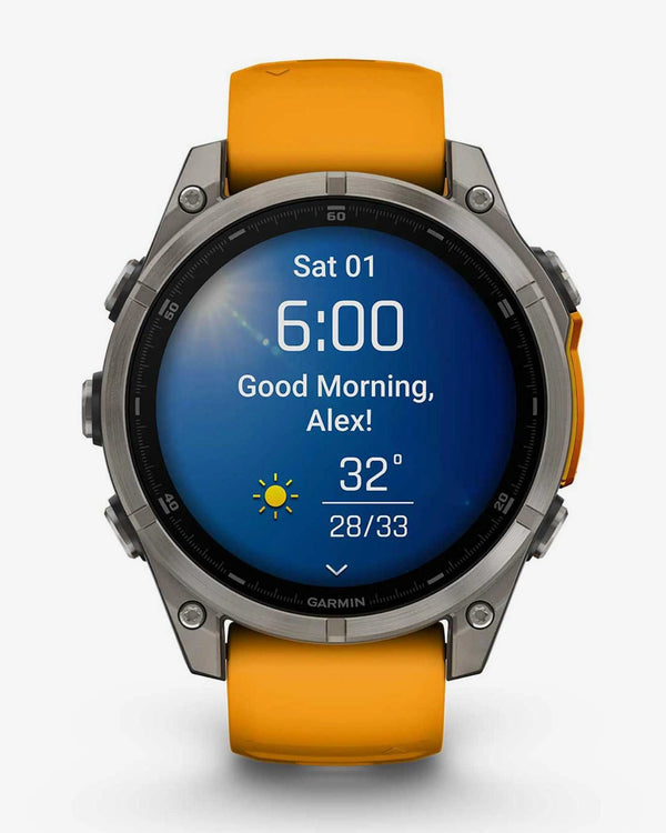 Garmin Fenix 8 AMOLED Zafiro 47 mm Titanio plateado correa naranja