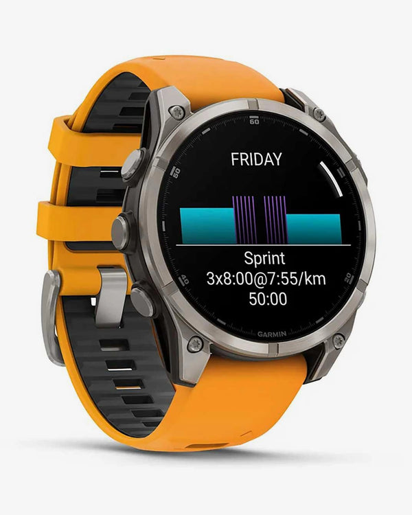 Garmin Fenix 8 AMOLED Zafiro 47 mm Titanio plateado correa naranja