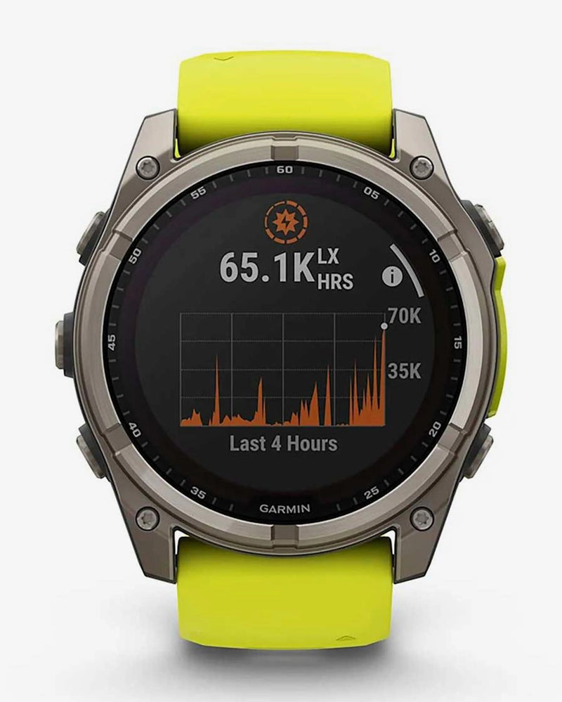 Garmin Fenix 8 Zafiro Solar 51 mm Titanio gris correa amarillo