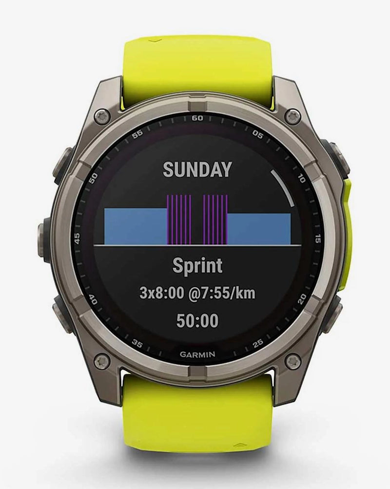 Garmin Fenix 8 Zafiro Solar 51 mm Titanio gris correa amarillo