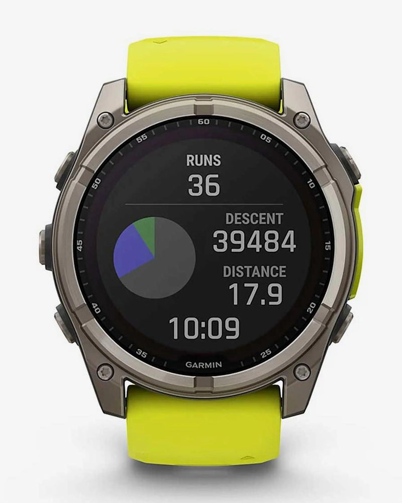 Garmin Fenix 8 Zafiro Solar 51 mm Titanio gris correa amarillo